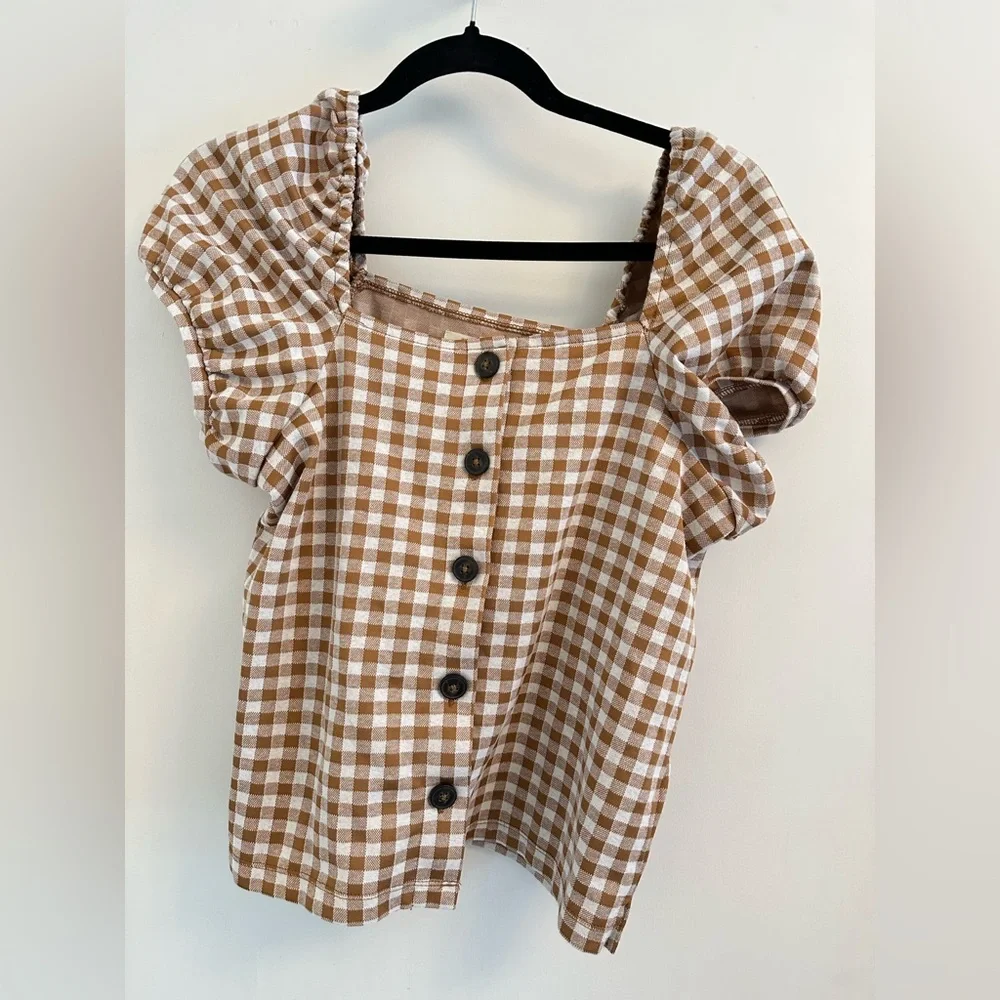 Madewell Cream and Brown Gingham Square-Neck Blouse
